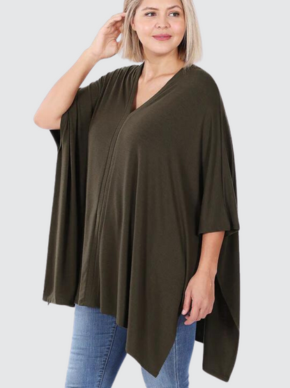 V-Neck Poncho-Olive Green 