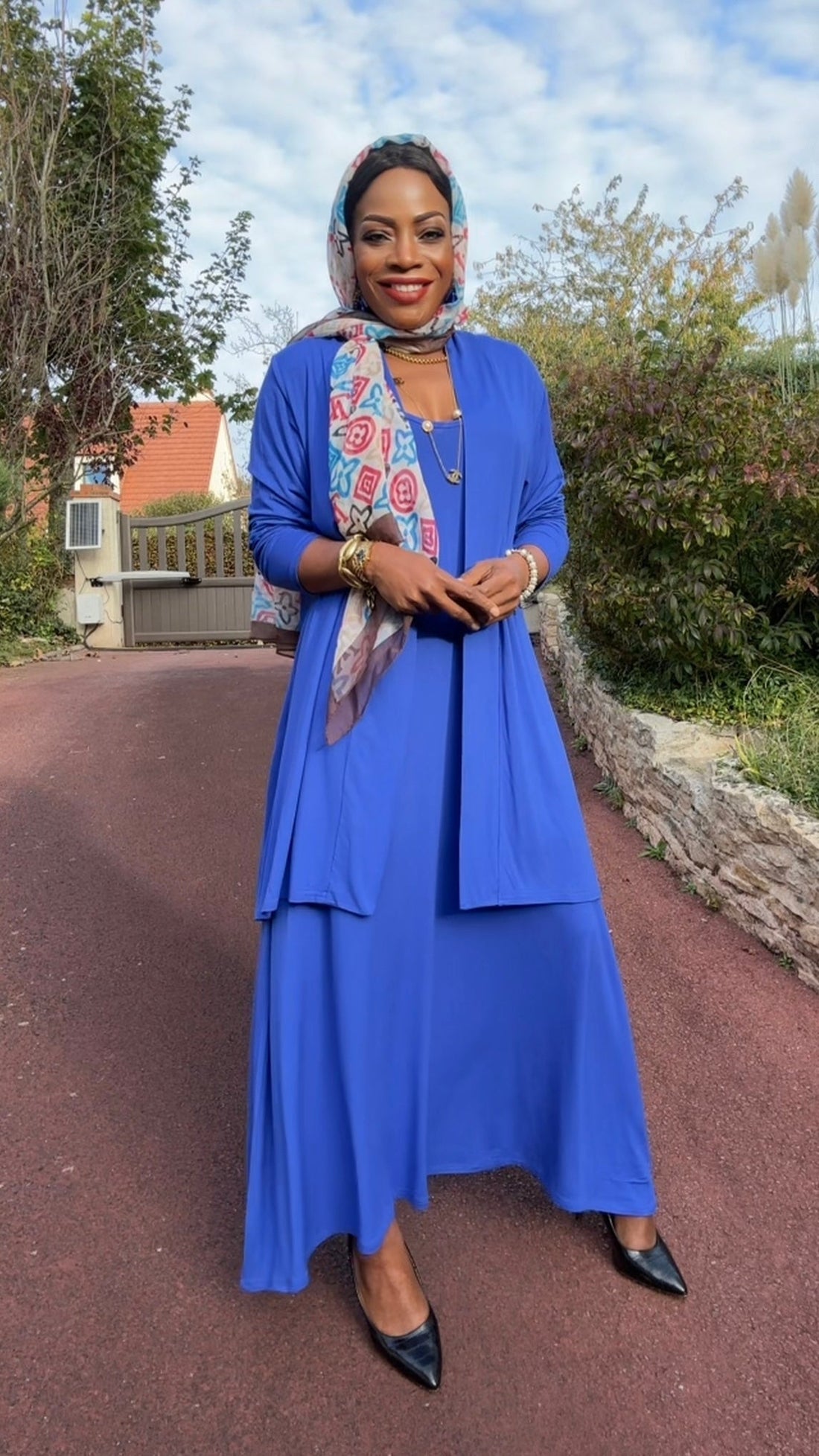 Ensemble gilet mi-long &amp; robe bleu roi