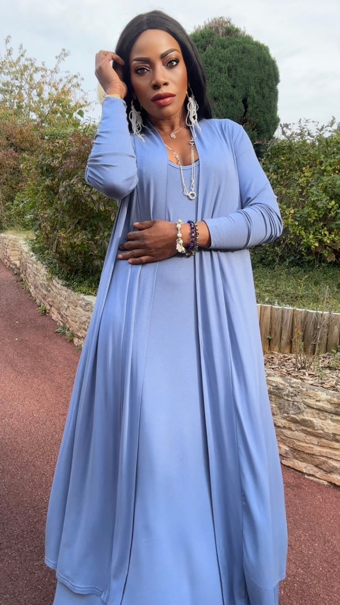 Ensemble gilet long et robe bleu gris