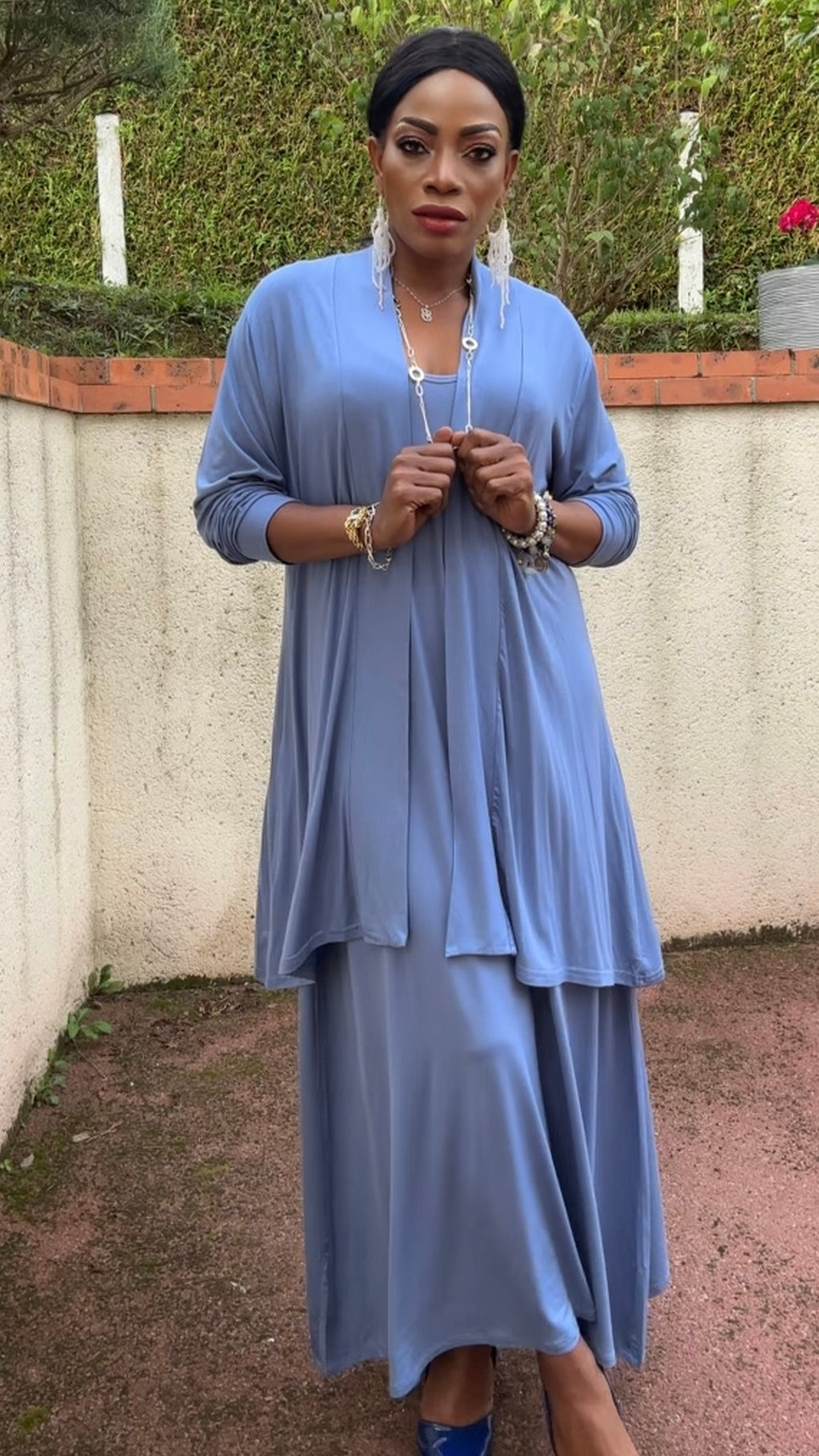 Ensemble gilet mi-long &amp; robe bleu gris