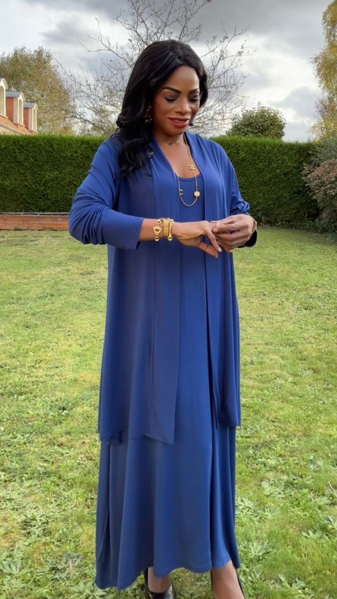 Ensemble gilet mi-long &amp; robe bleu marine