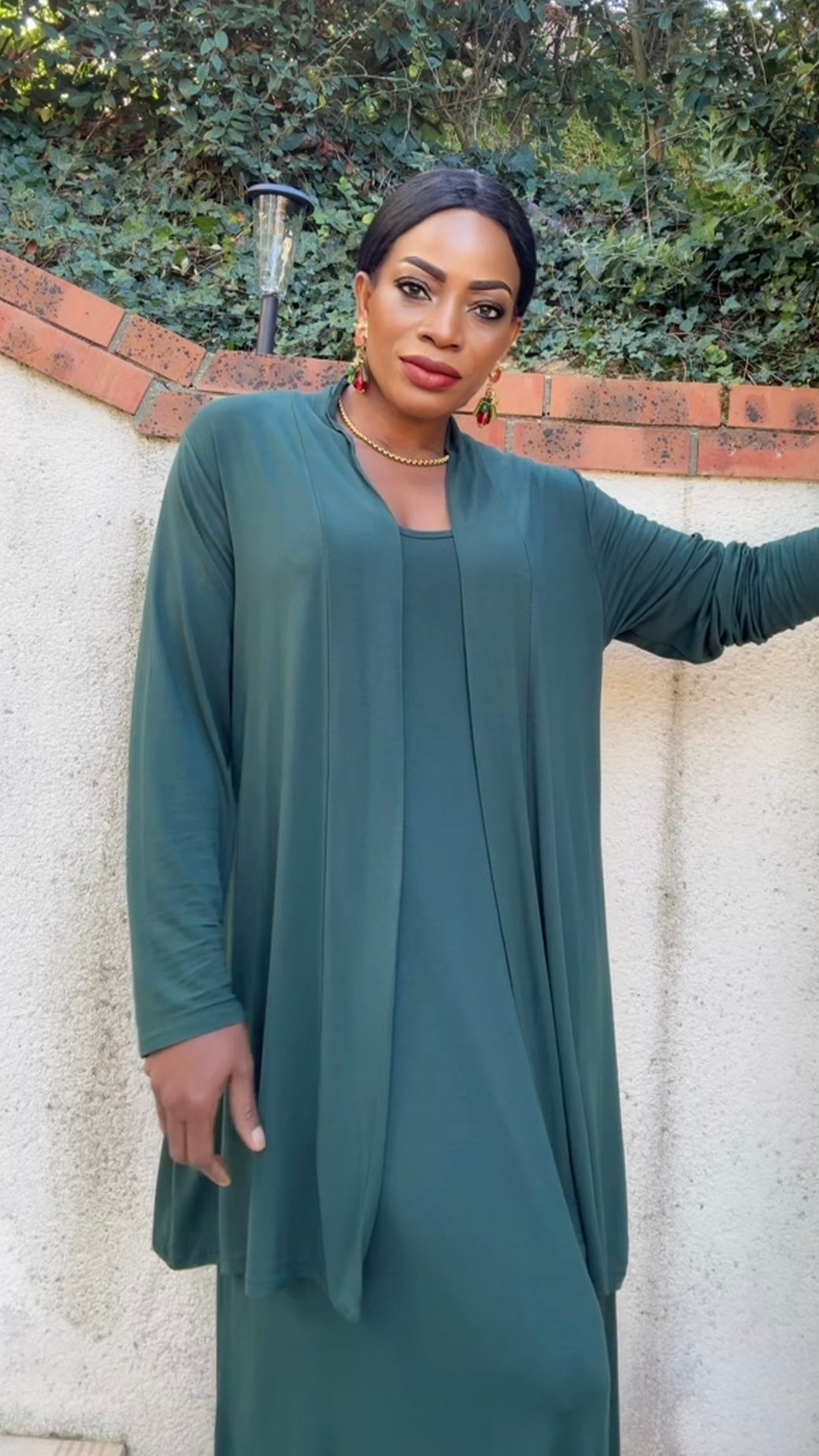 Ensemble gilet mi-long &amp; robe vert bouteille