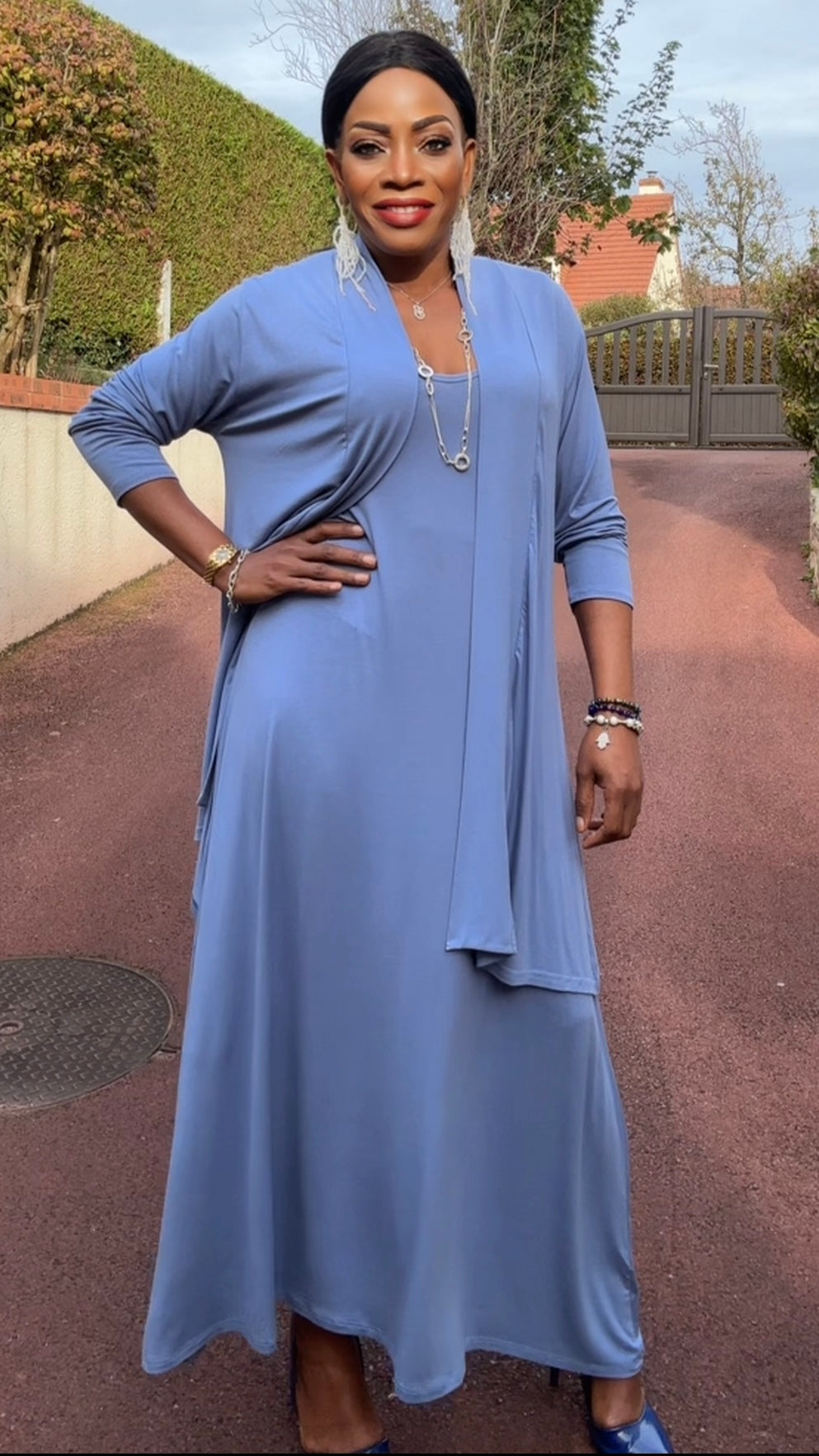 Ensemble gilet mi-long &amp; robe bleu gris