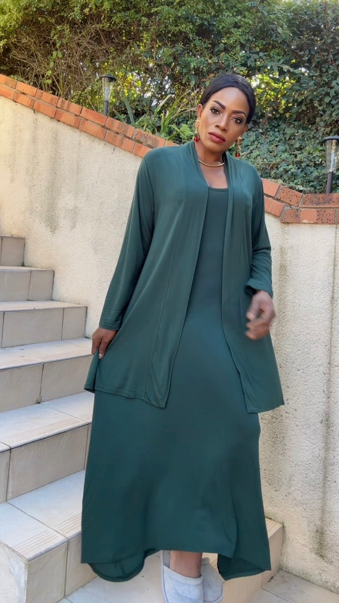 Ensemble gilet mi-long &amp; robe vert bouteille