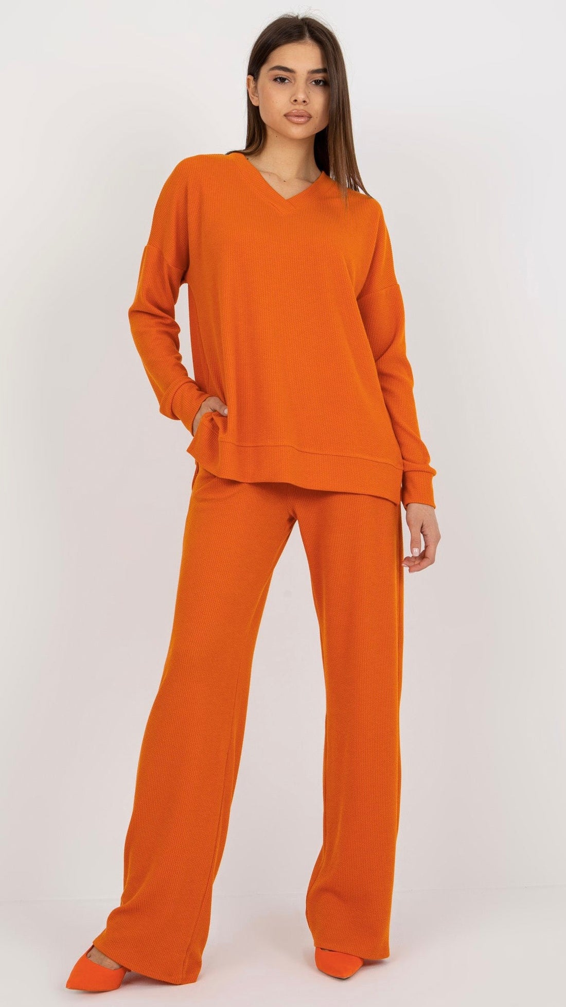 Ensemble décontracté surdimensionné côtelé sweat + pantalon orange