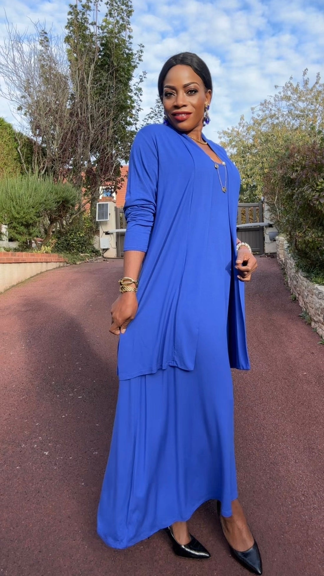 Ensemble gilet mi-long &amp; robe bleu roi