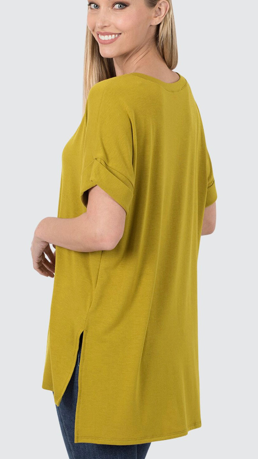 Folded Sleeve Side Slit T-Shirt