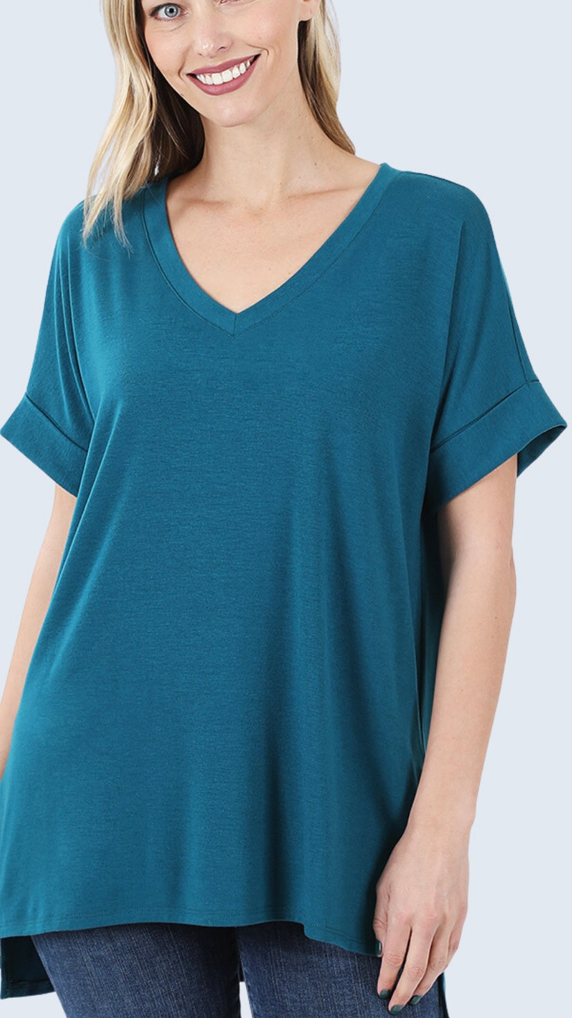 Folded Sleeve Side Slit T-Shirt 