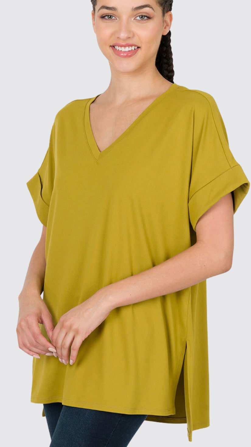 Folded Sleeve Side Slit T-Shirt